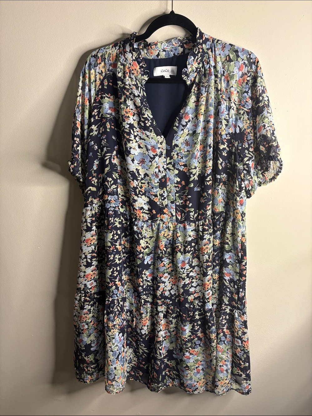 CeCe Navy Floral Mini Dress with Pastel Blooms